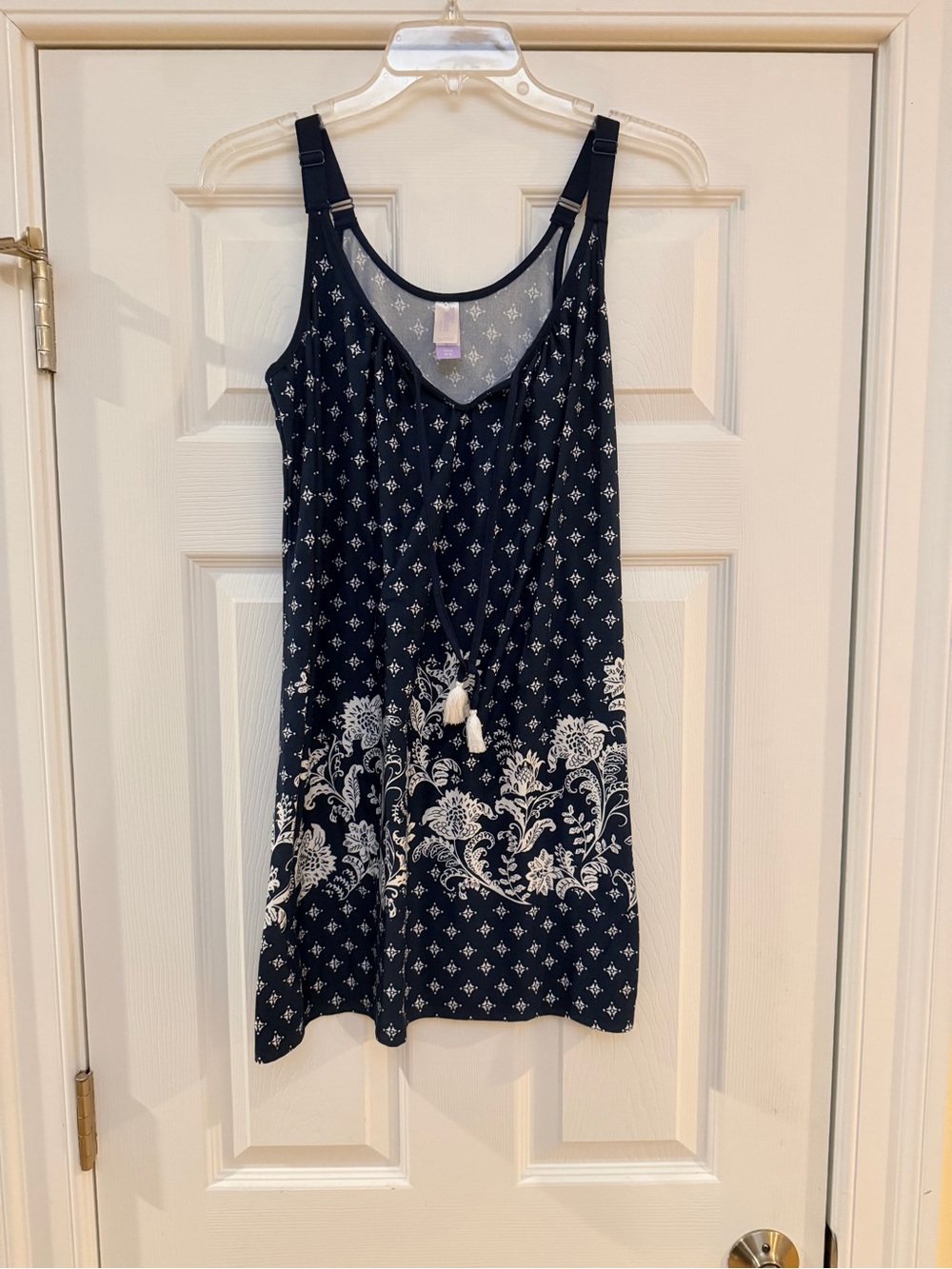 Ladies Size Small "Secret Treasures" Navy Blue Printed Chemise w/Tassel Tie GUC